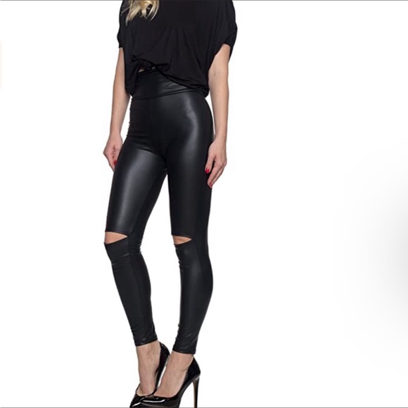 BLACK FAUX LEATHER KNEE CUT OUT SLICK LEGGINGS - Picture 3 of 6